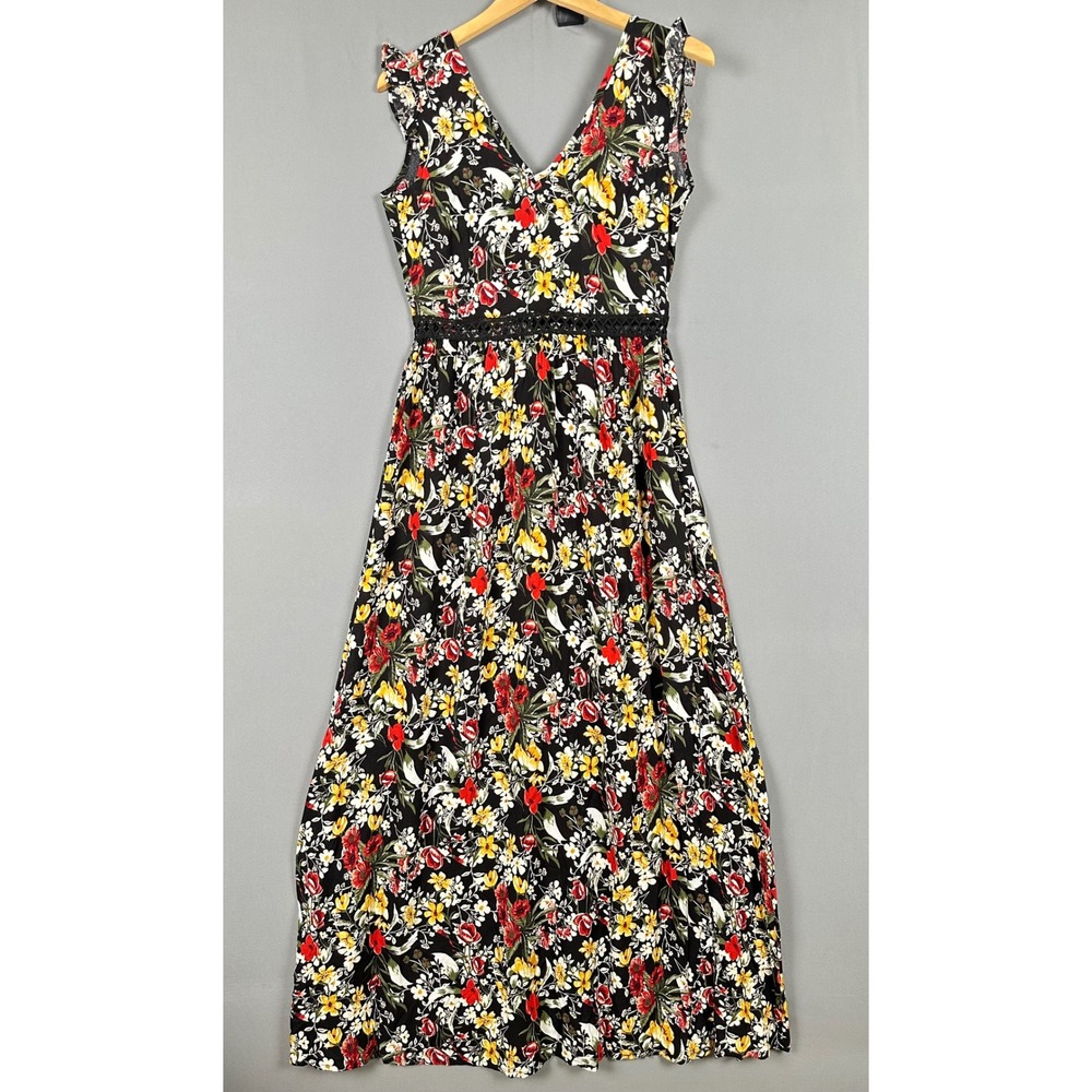 Milan Kiss Womens‎ Floral Maxi Dress Black Red Yellow V-Neck Crochet Waist Small